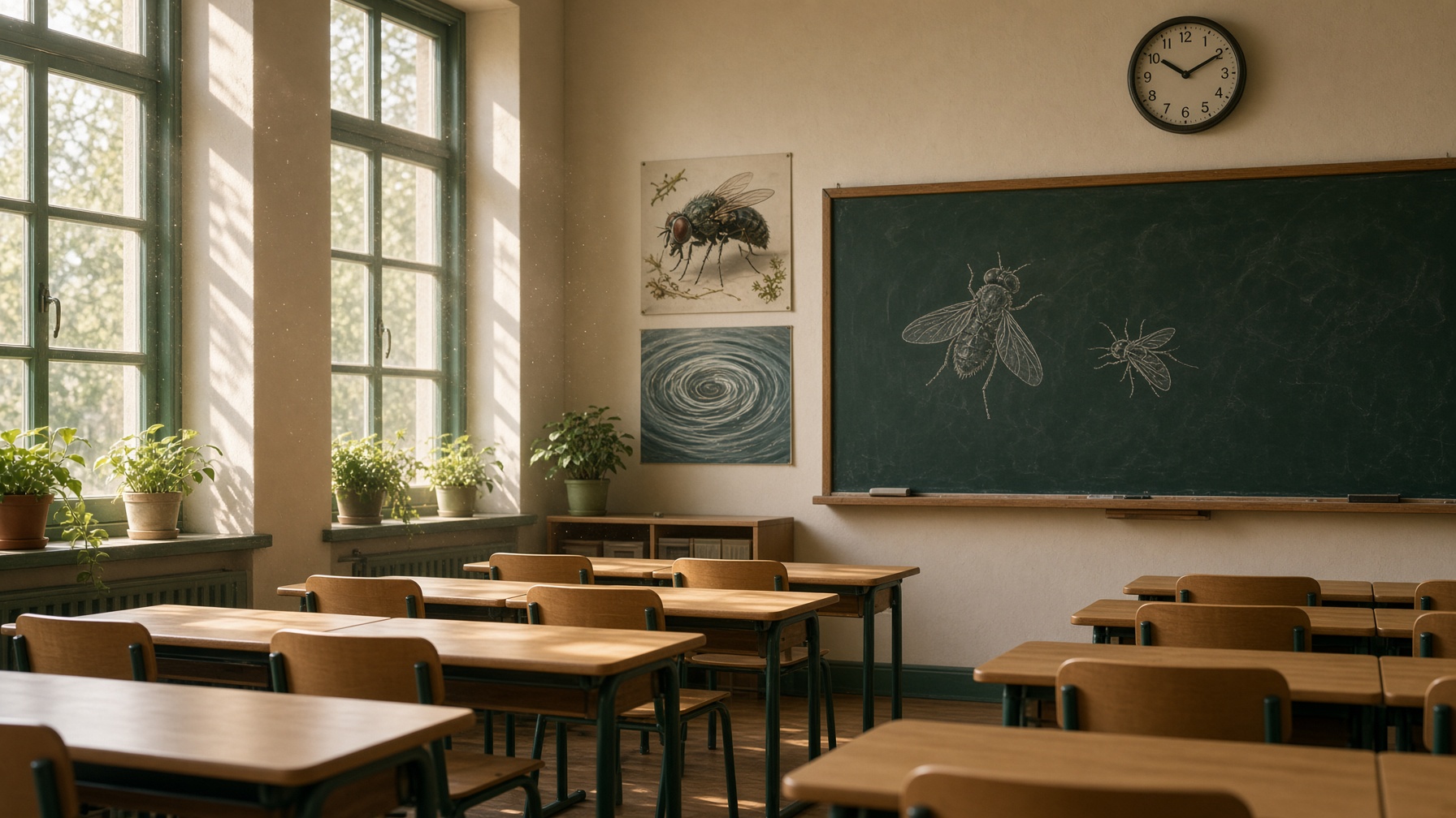 Leeres, sonnendurchflutetes Klassenzimmer